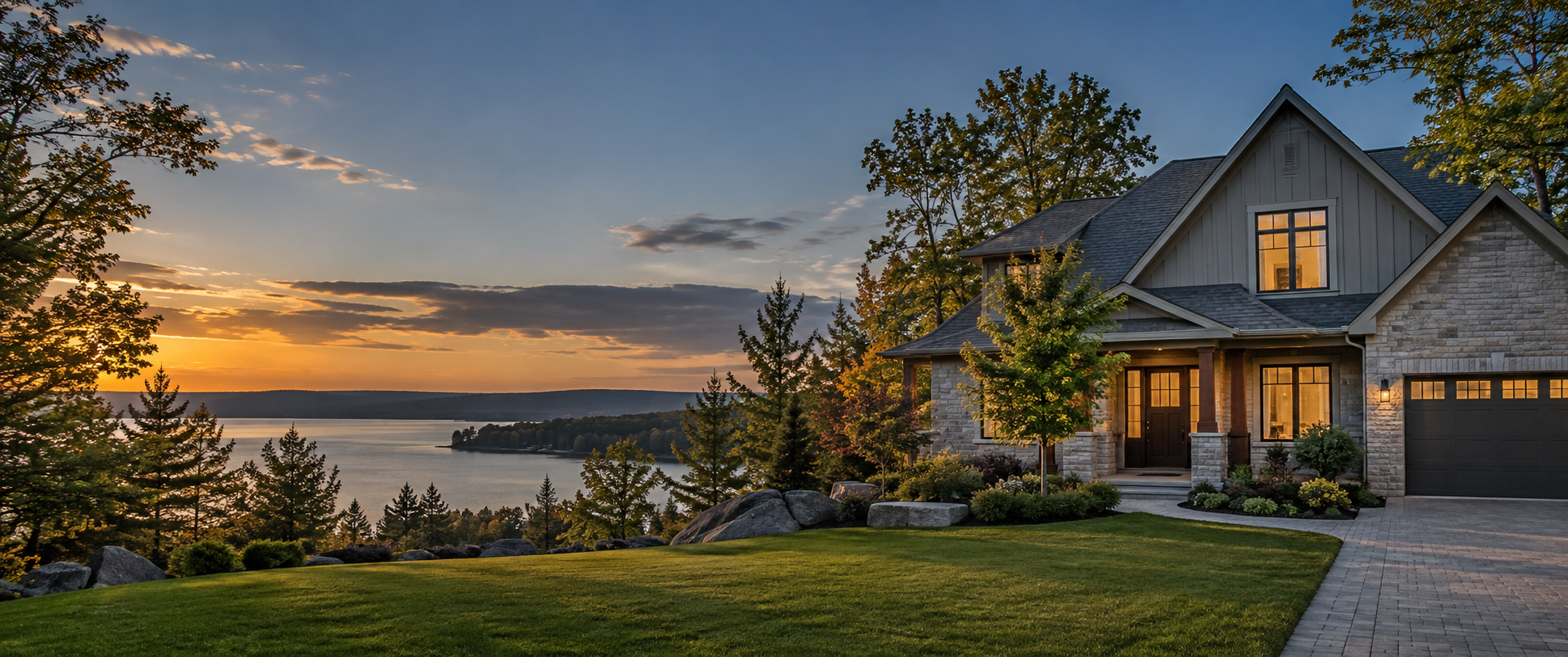 A well-cared-for Ontario home overlooking a calm lake at sunset